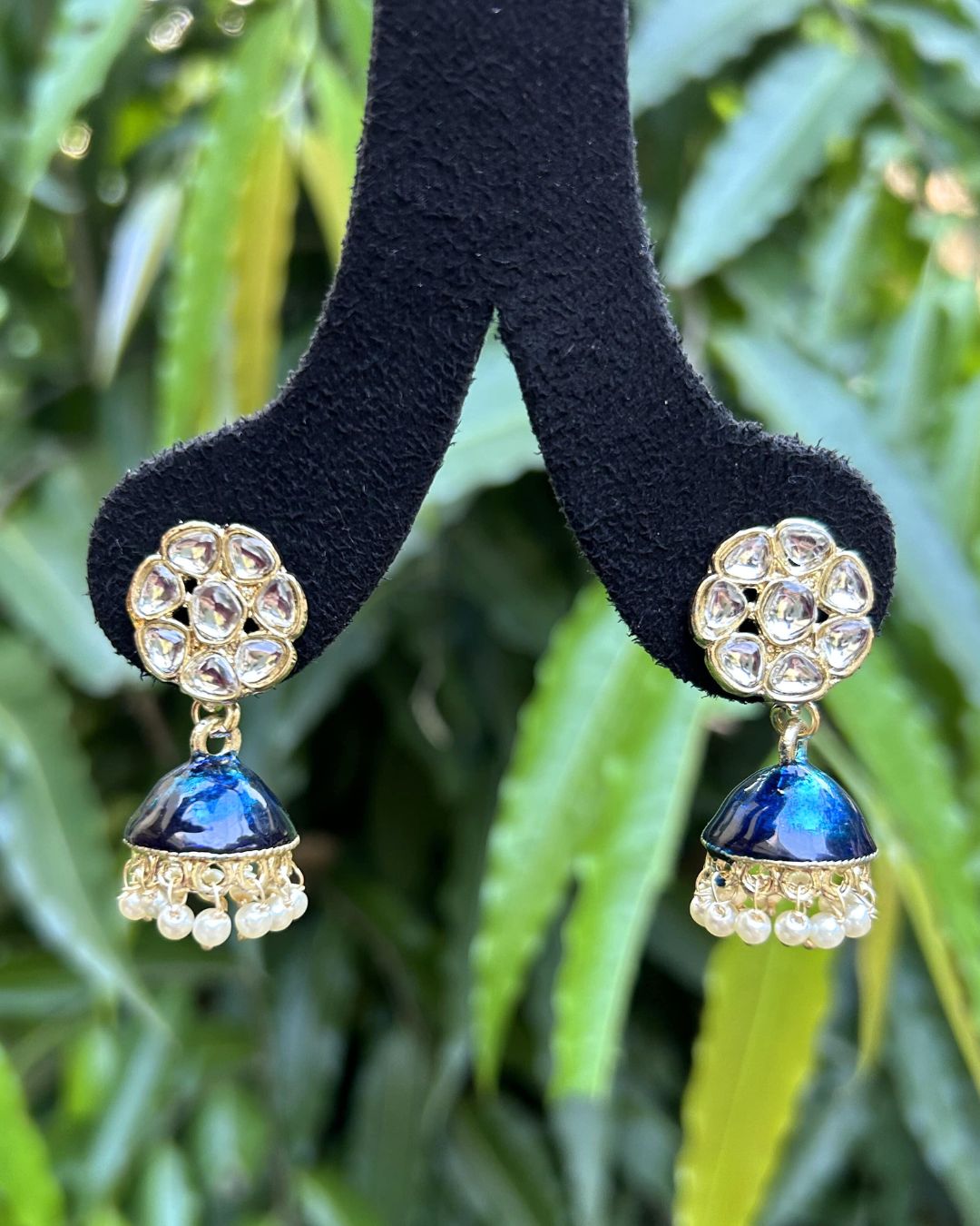 Blue & Gold-Toned Dome Shaped Jhumkas