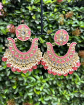 Pink Gold-Plated Handcrafted Kundan Studded Enamelled Chandbalis