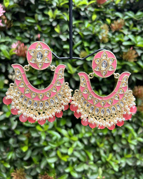 Pink Gold-Plated Handcrafted Kundan Studded Enamelled Chandbalis