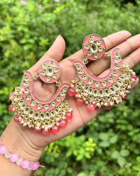 Pink Gold-Plated Handcrafted Kundan Studded Enamelled Chandbalis