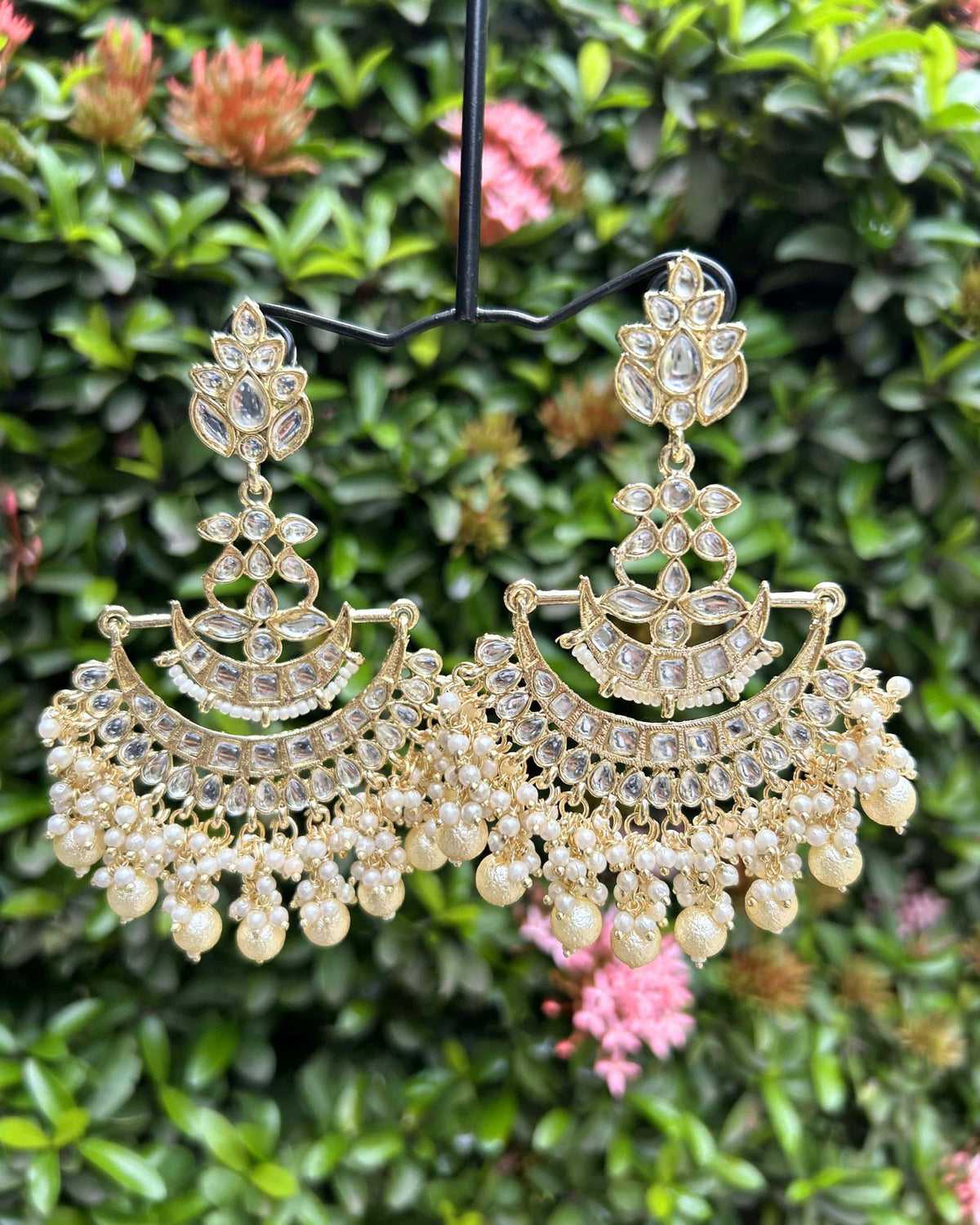 Gold Plated Handcrafted Kundan Studded Crescent Shaped Chandbalis