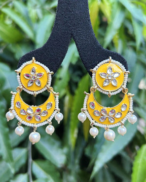 Set Of 2 Yellow & White Gold-Plated Handcrafted Embellished Enamel Earrings