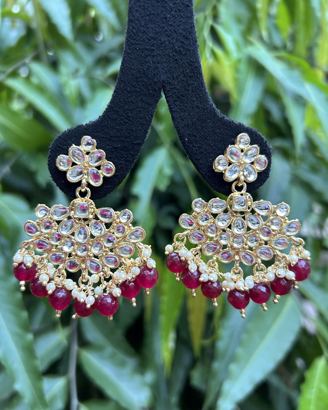 White & Maroon Gold Plated Kundan Studded Contemporary Drop Earrings