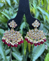 White & Maroon Gold Plated Kundan Studded Contemporary Drop Earrings