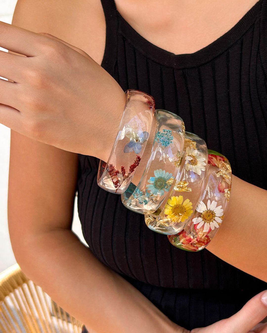 Pink Flower Resin Transparent Bangles