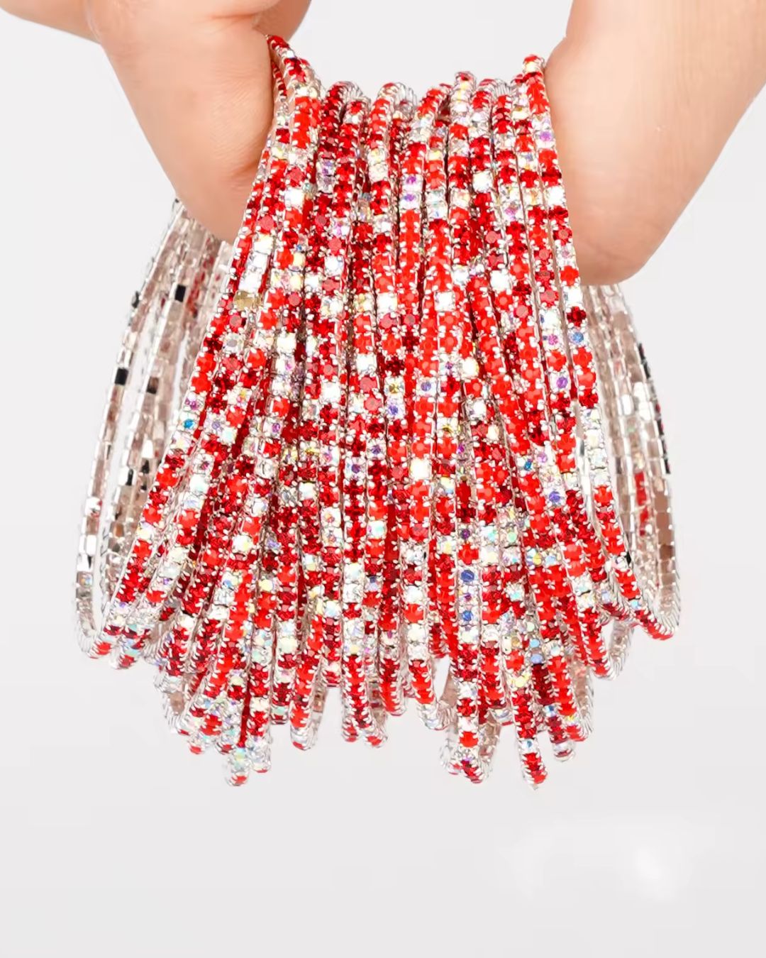 Stretchable Red Multi Silver Plated Bracelet- Pack Of 12