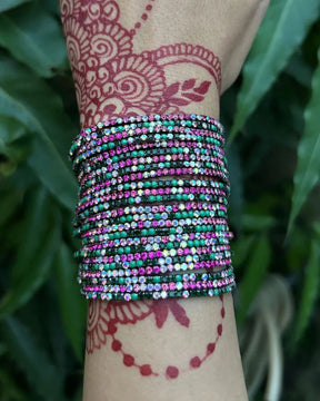 Reception Special Stretchable Pink And Green Rhodium Plated Bracelet - Pack of 24