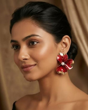 Red Flora Pearl Stud Earrings