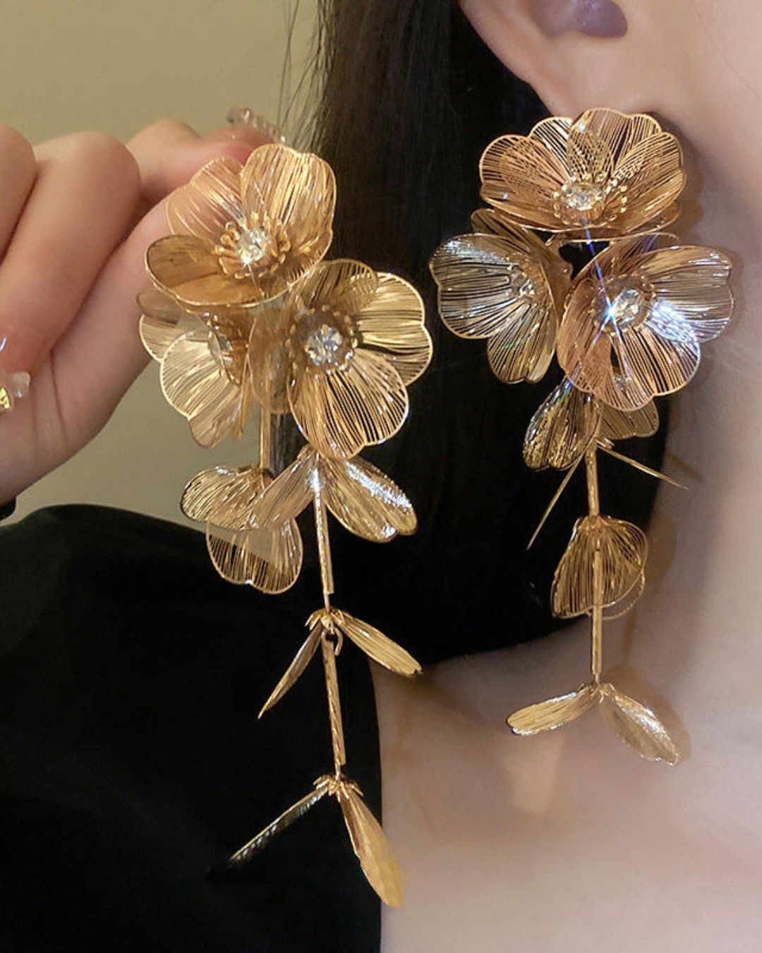 Agate Aged Gold Floral Statement Earrings