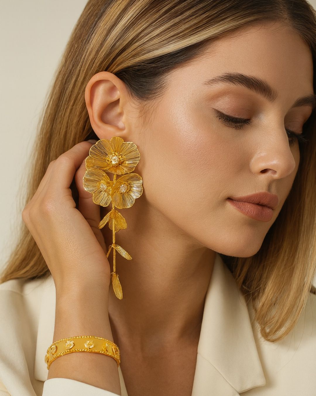 Agate Aged Gold Floral Statement Earrings