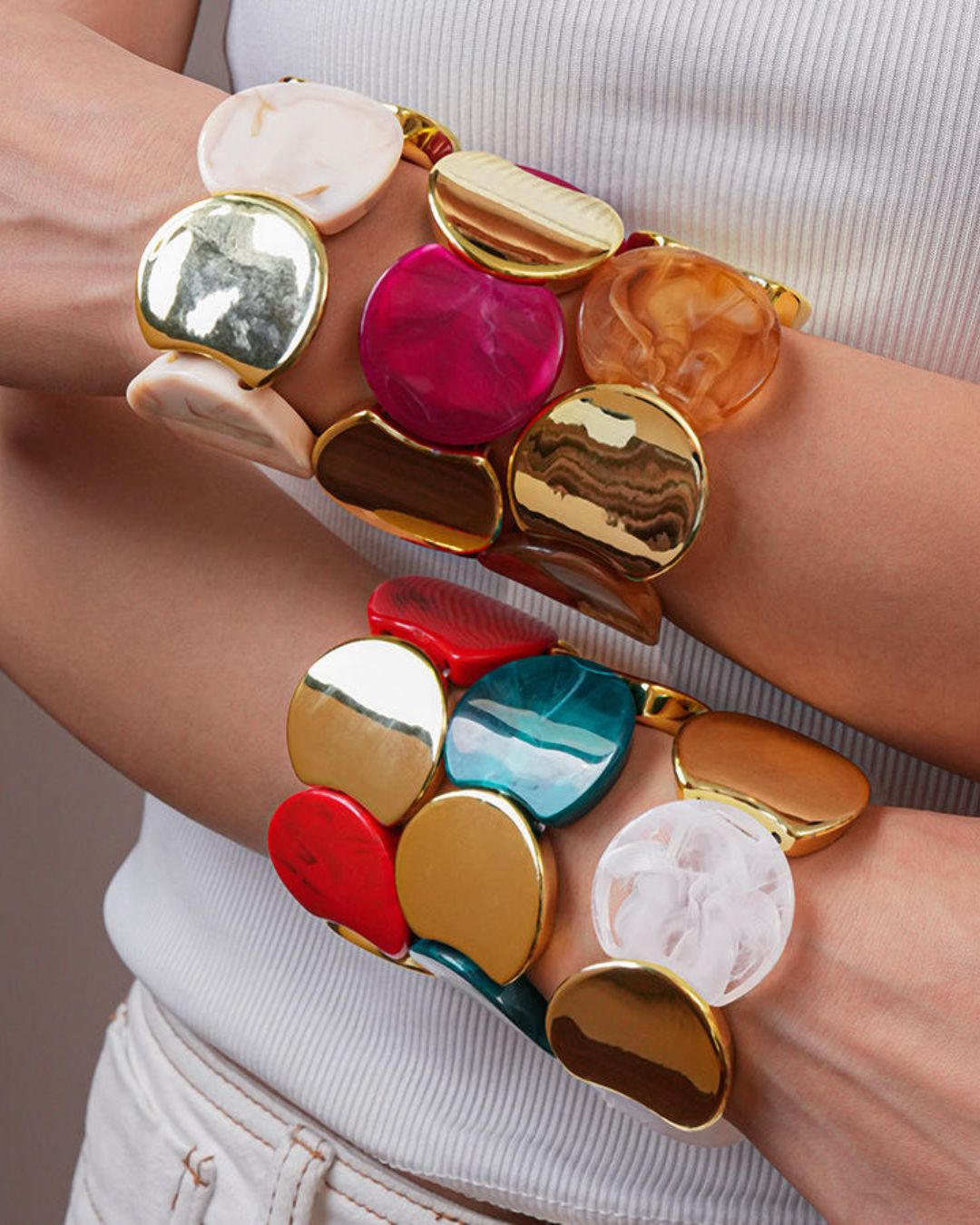 White Acrylic Marble Gold Geometric Disc Stretchable Bracelet