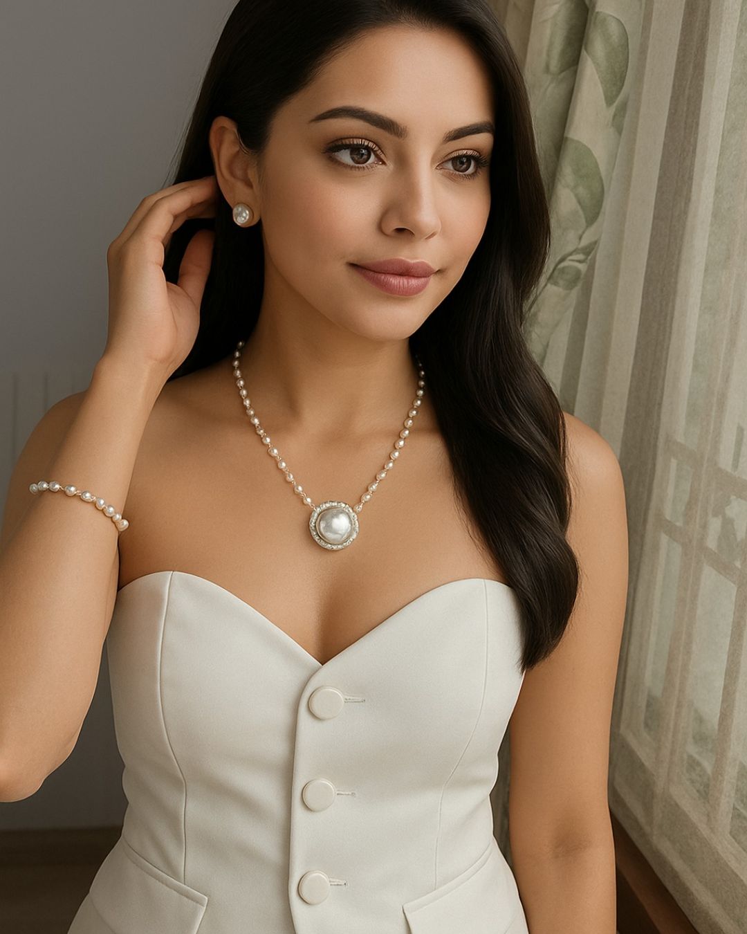 Pearled American Diamond Pendant Set