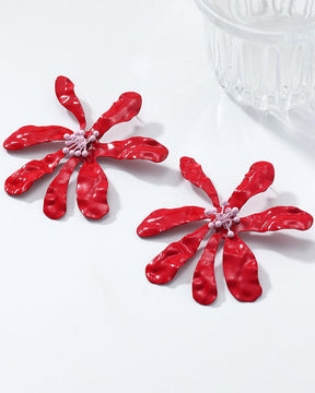 Red Petal Beaded Flower Stud Earrings