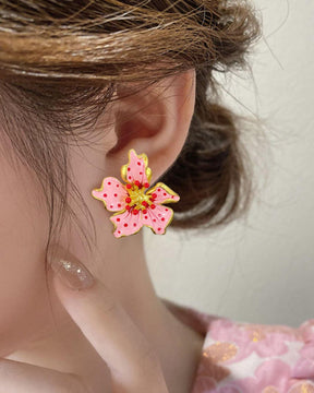 Pink Red Floral Stud Earrings