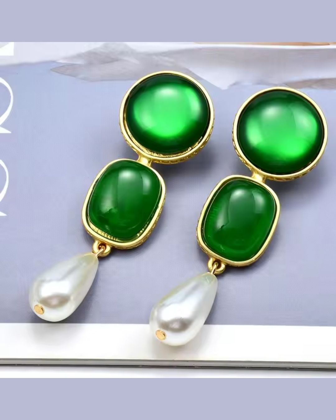 Round Square Green Layered Earrings