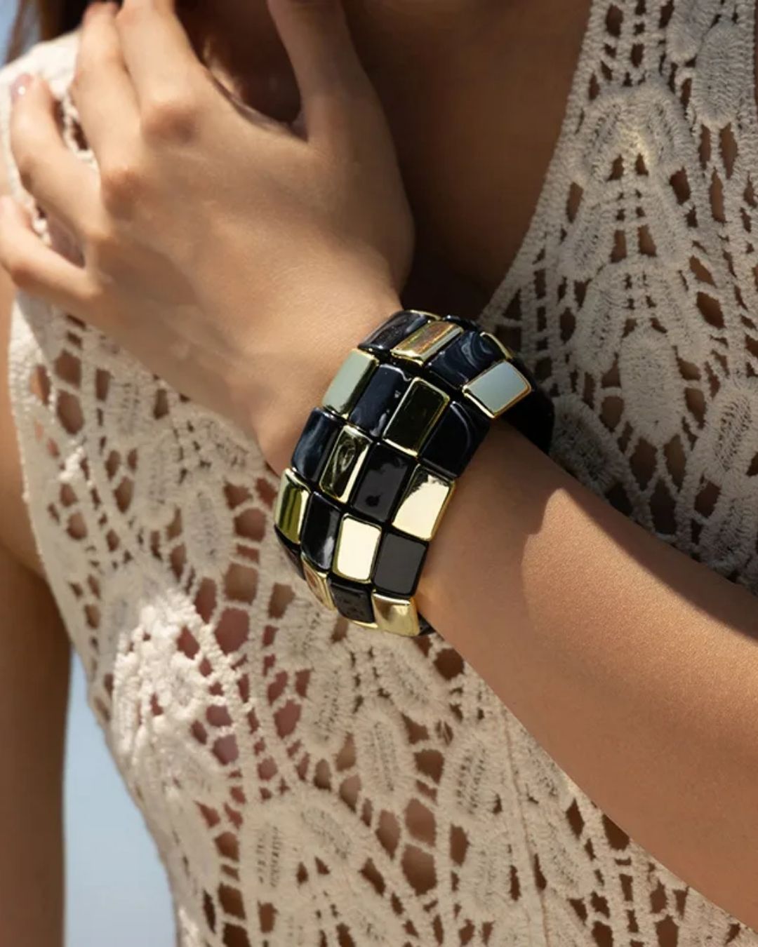 Black Retro Acrylic square Patchwork Bracelet