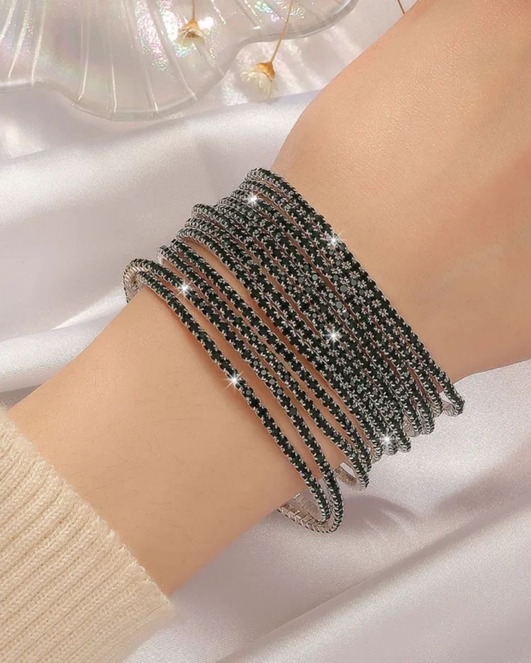 Stretchable Black Silver Plated Bracelet - Pack of 12