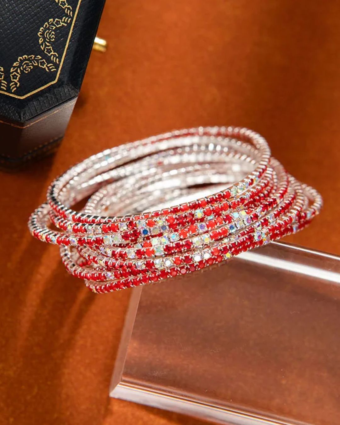 Stretchable Red Multi Silver Plated Bracelet- Pack Of 12