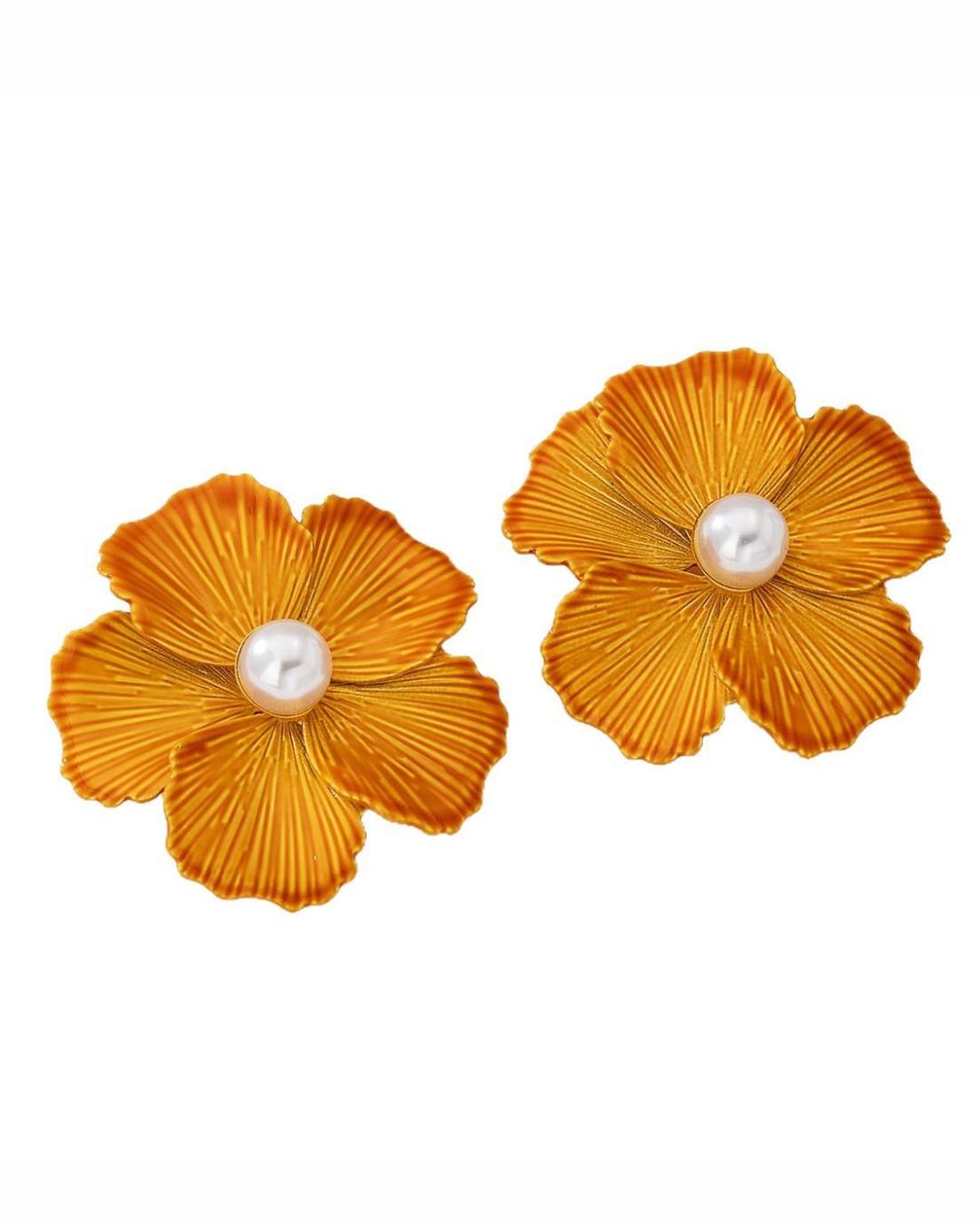 Orange Enamel Pearl Floral Stud Earrings