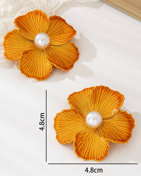 Orange Enamel Pearl Floral Stud Earrings