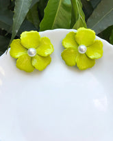 Neon Enamel Pearl Floral Stud Earrings