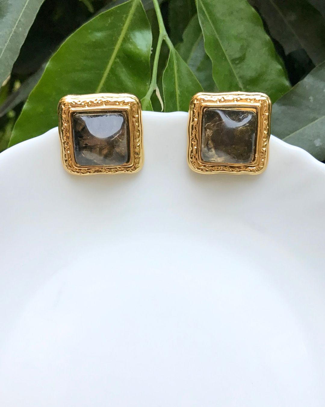 Golden Square Crystal Stud Earrings