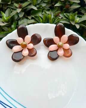 Brown Acrylic Layer Flower Stud Earrings