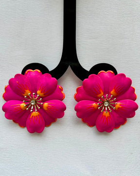 Pink Petal Enamel Flower Drop Earrings