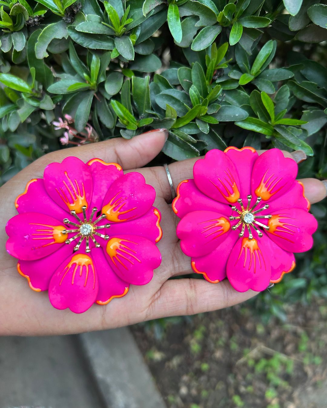 Pink Petal Enamel Flower Drop Earrings