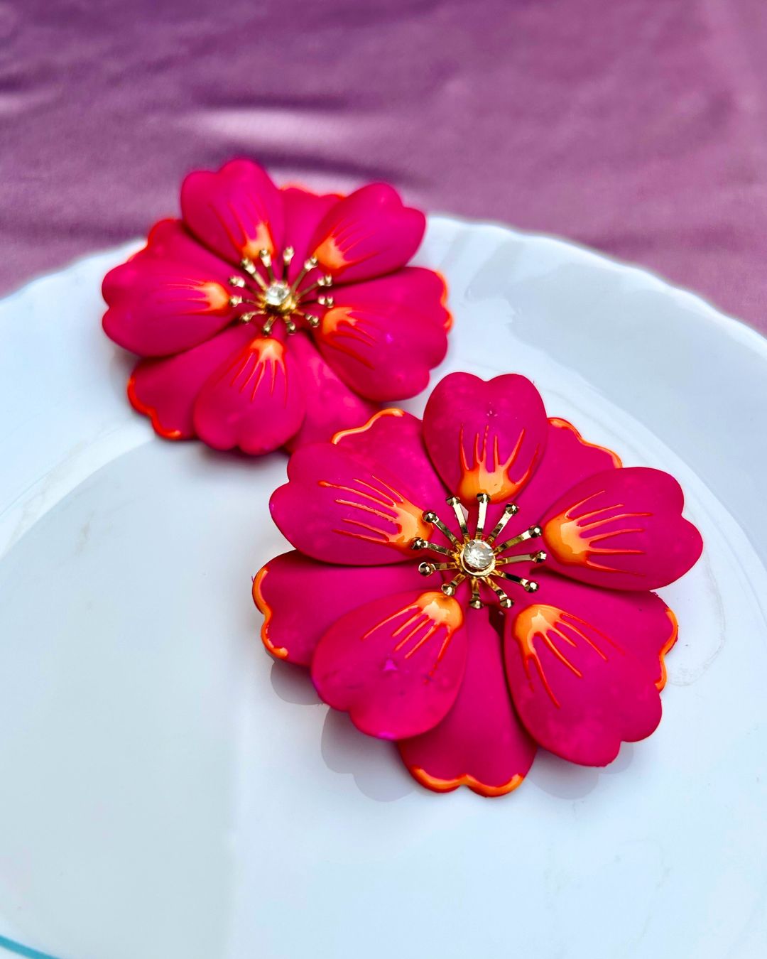 Pink Petal Enamel Flower Drop Earrings
