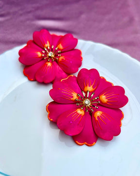 Pink Petal Enamel Flower Drop Earrings