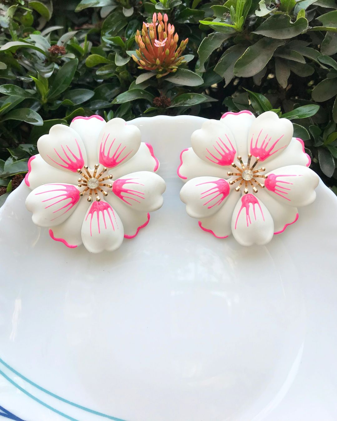 White Petal Enamel Flower Drop Earrings