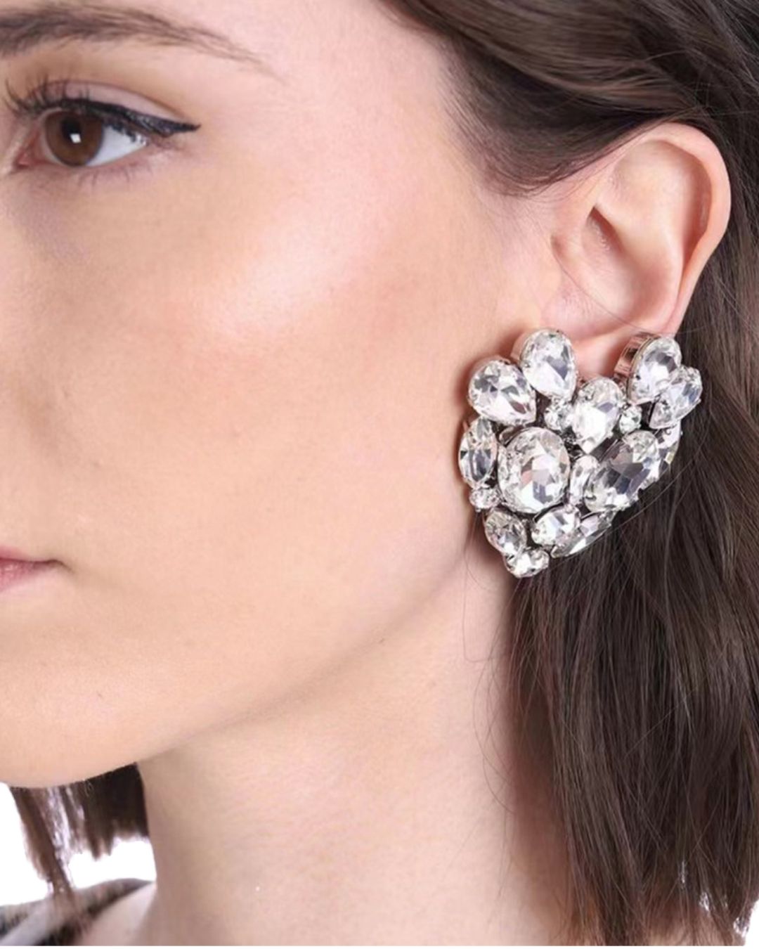 Silver Rhinestone Heart Stud Earrings