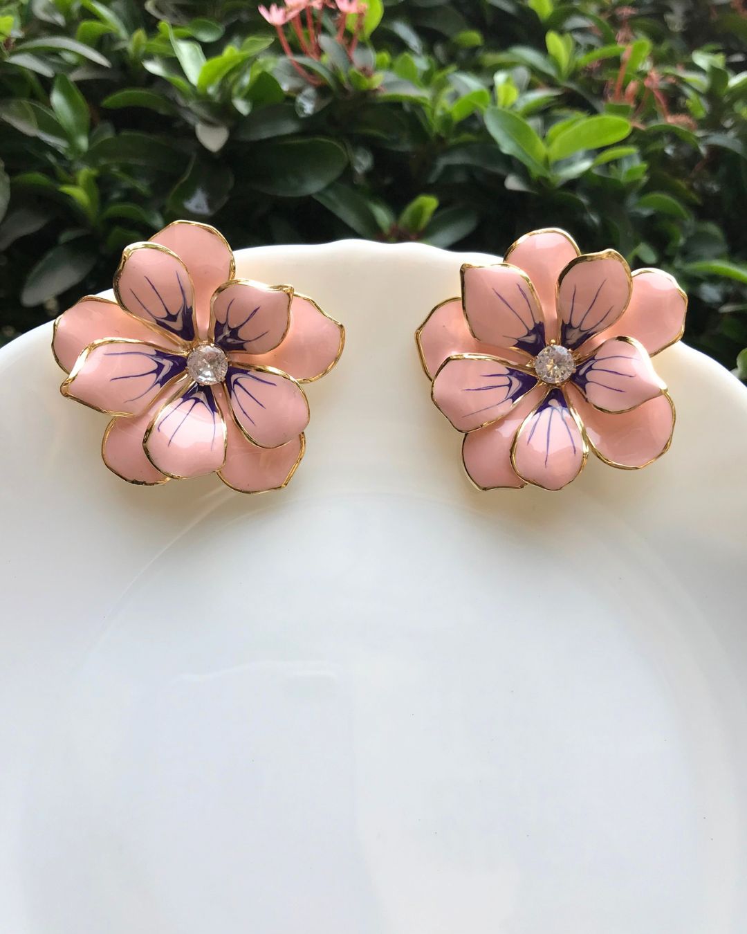 Pink Flower Enamel Stud Earrings