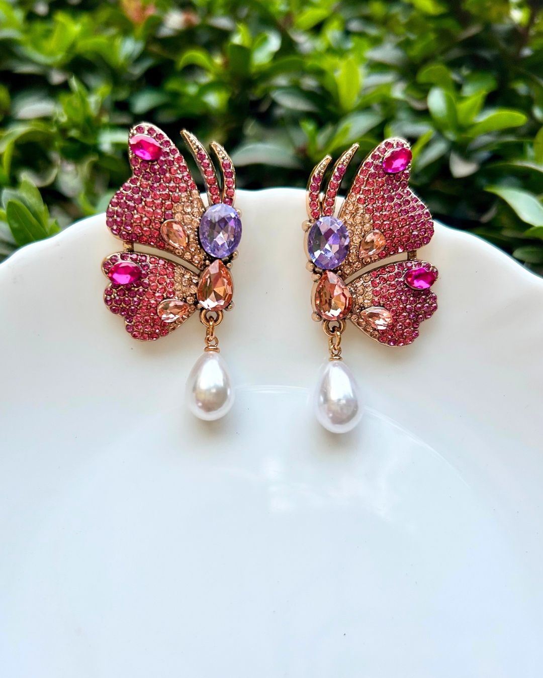 Pink Rhinestones Butterfly Stud Earrings