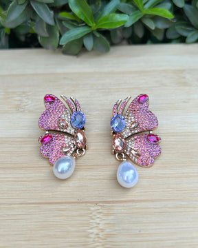 Pink Rhinestones Butterfly Stud Earrings
