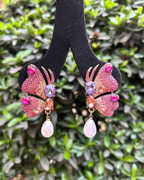Pink Rhinestones Butterfly Stud Earrings