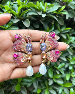 Pink Rhinestones Butterfly Stud Earrings