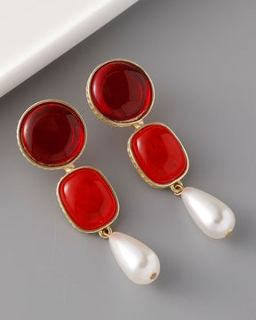 Round Square Red Layered Earrings