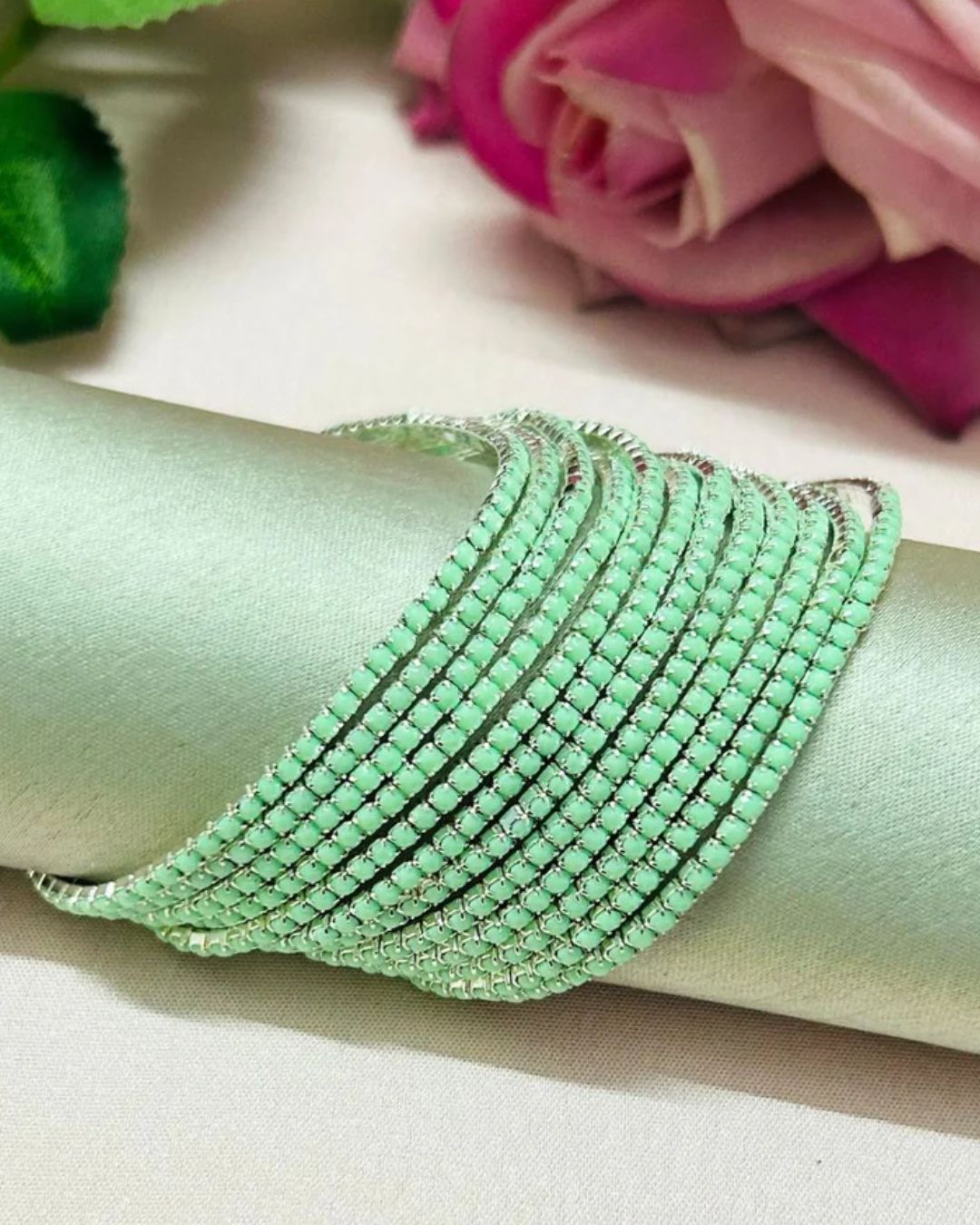 Stretchable Mint Green Silver Plated Bracelet - Pack of 12