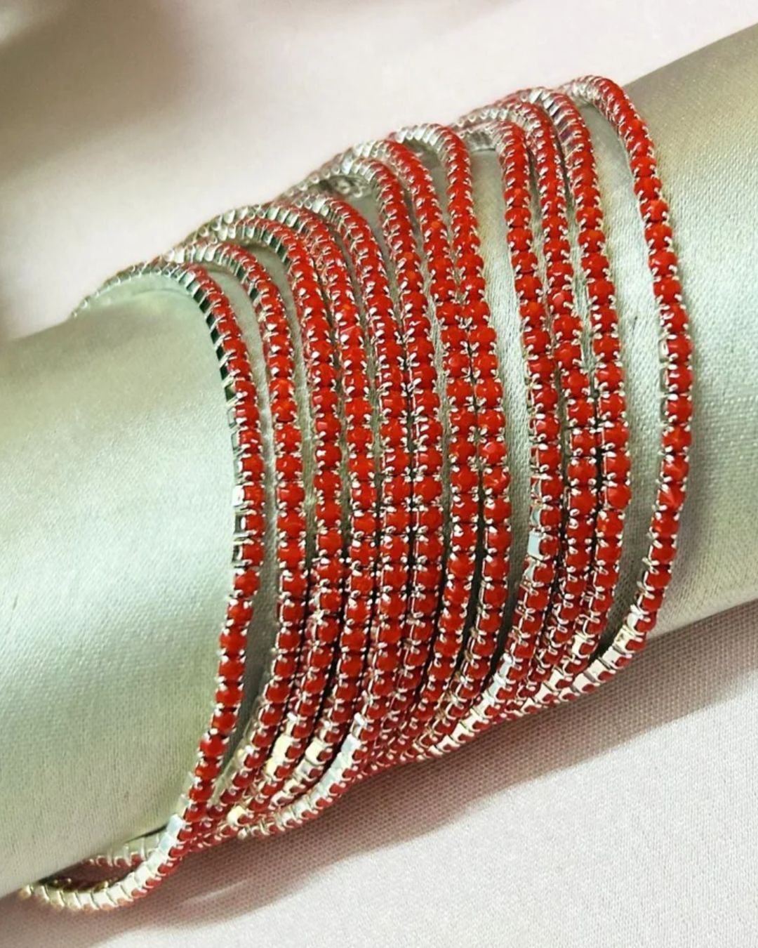 Stretchable Red Velvet Silver Plated Bracelet - Pack of 12