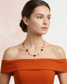 Black Clover And Pearl Chain Necklace