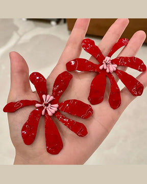 Red Petal Beaded Flower Stud Earrings