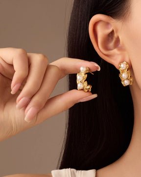 Golden Pearl Crown Hoop Earrings