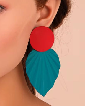 Round Leaf Maroon Teal Green Earrings
