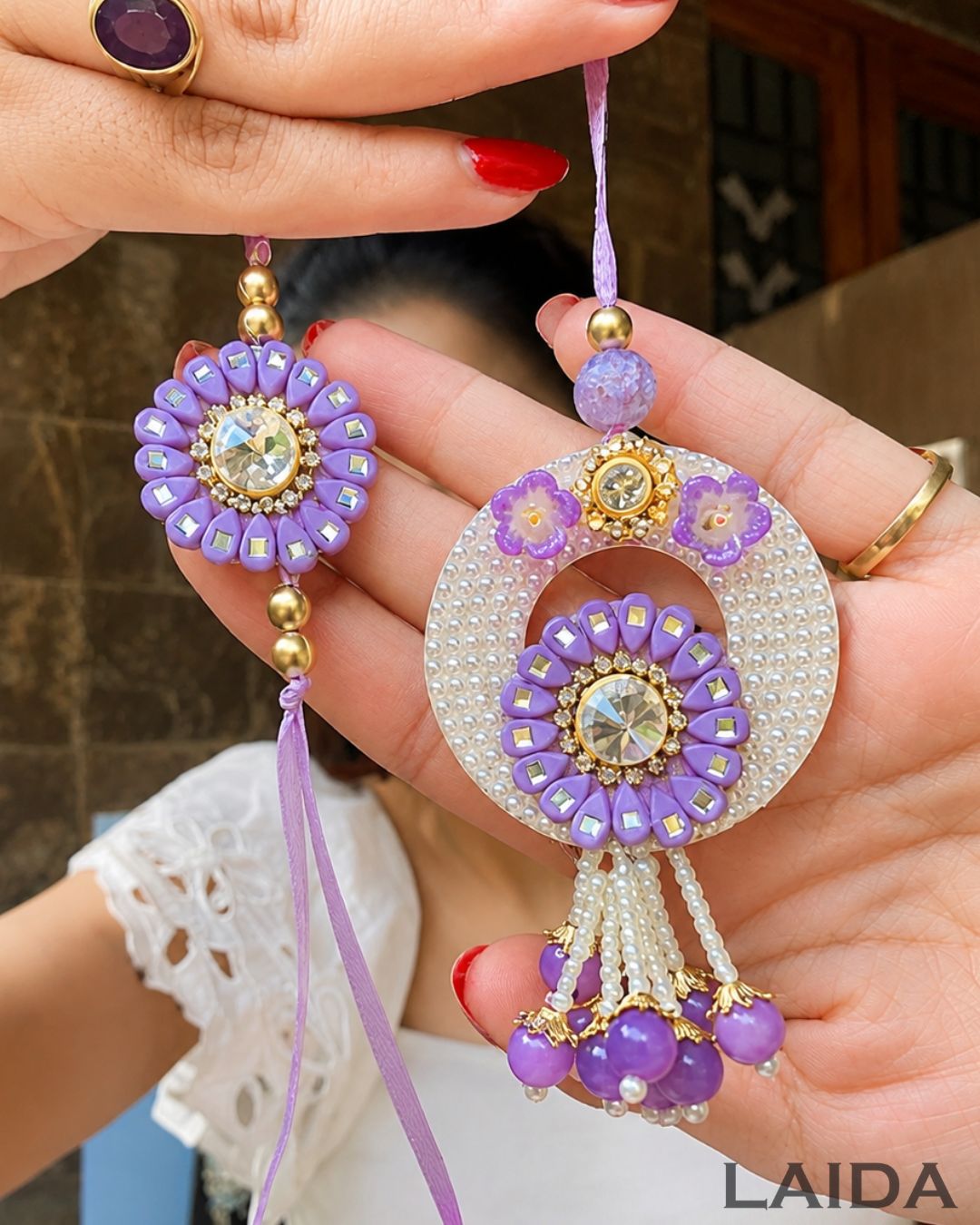 Handcrafted Purple Floral pearl Beaded Lumba Set - Rakhi