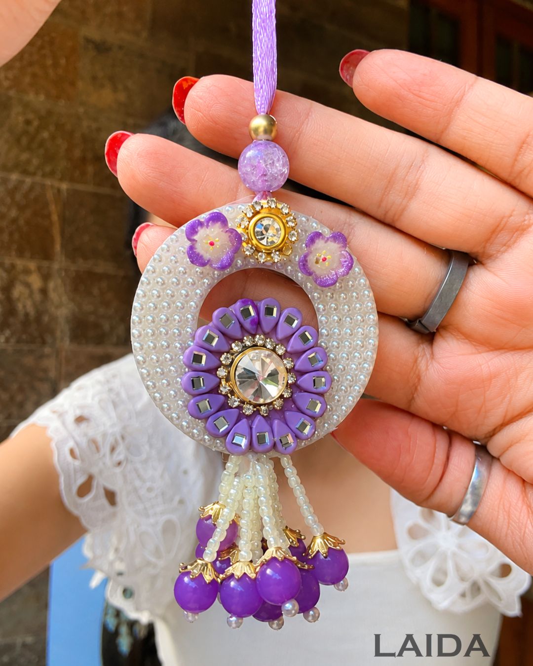 Handcrafted Purple Floral pearl Beaded Lumba Set - Rakhi