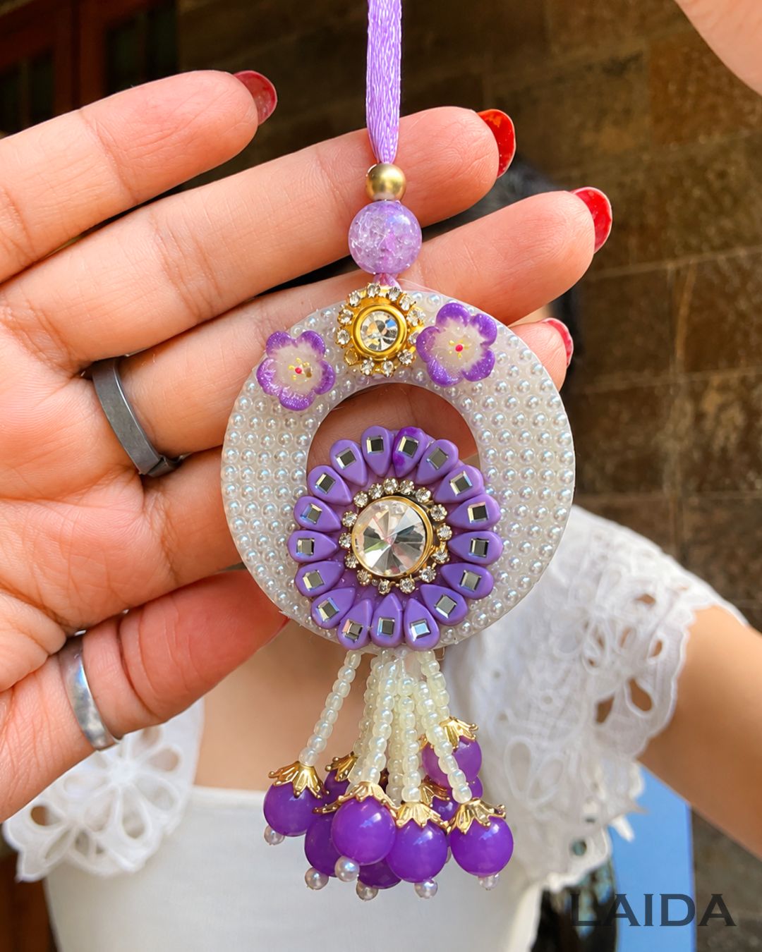Handcrafted Purple Floral pearl Beaded Lumba Set - Rakhi