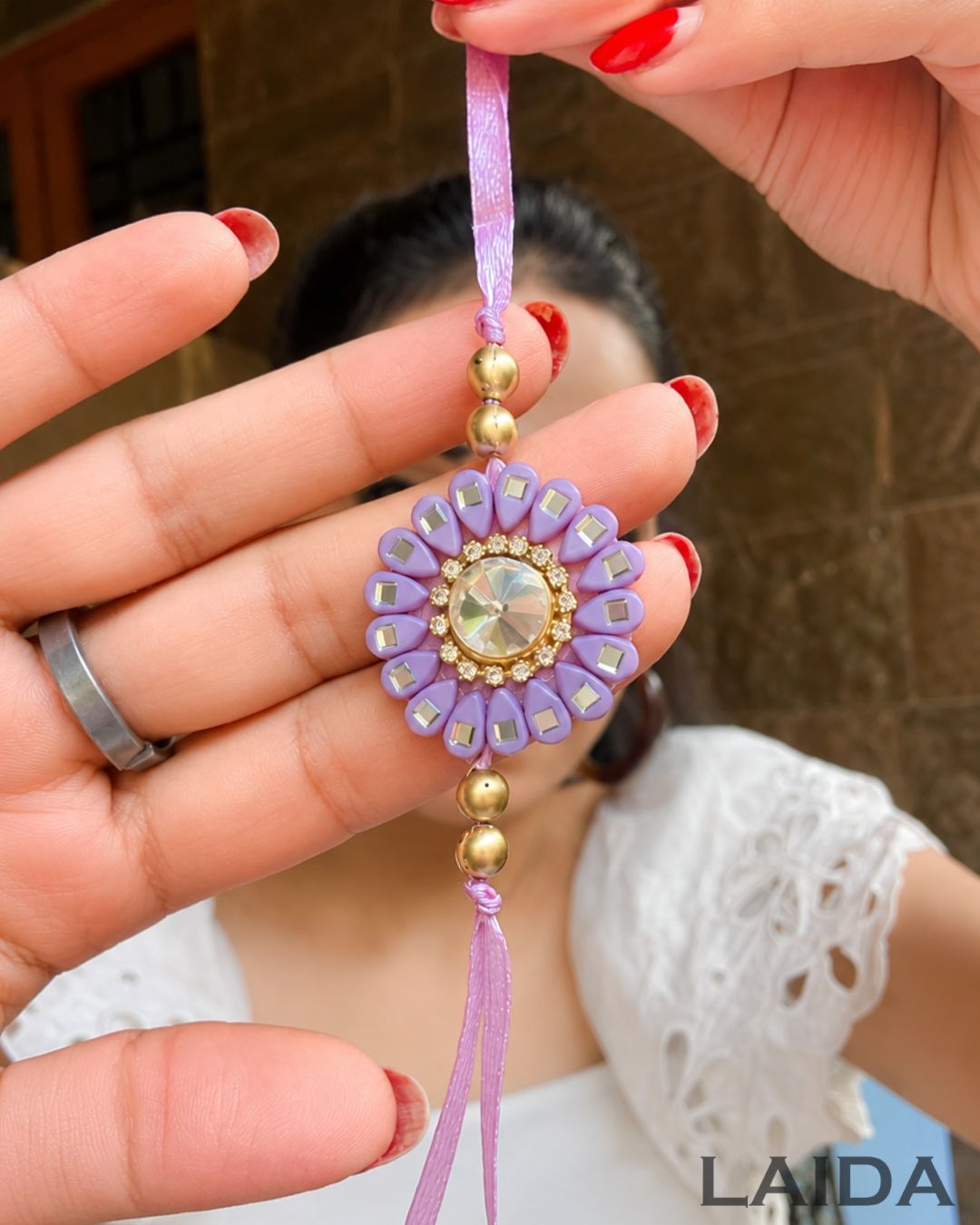 Handcrafted Purple Floral pearl Beaded Lumba Set - Rakhi