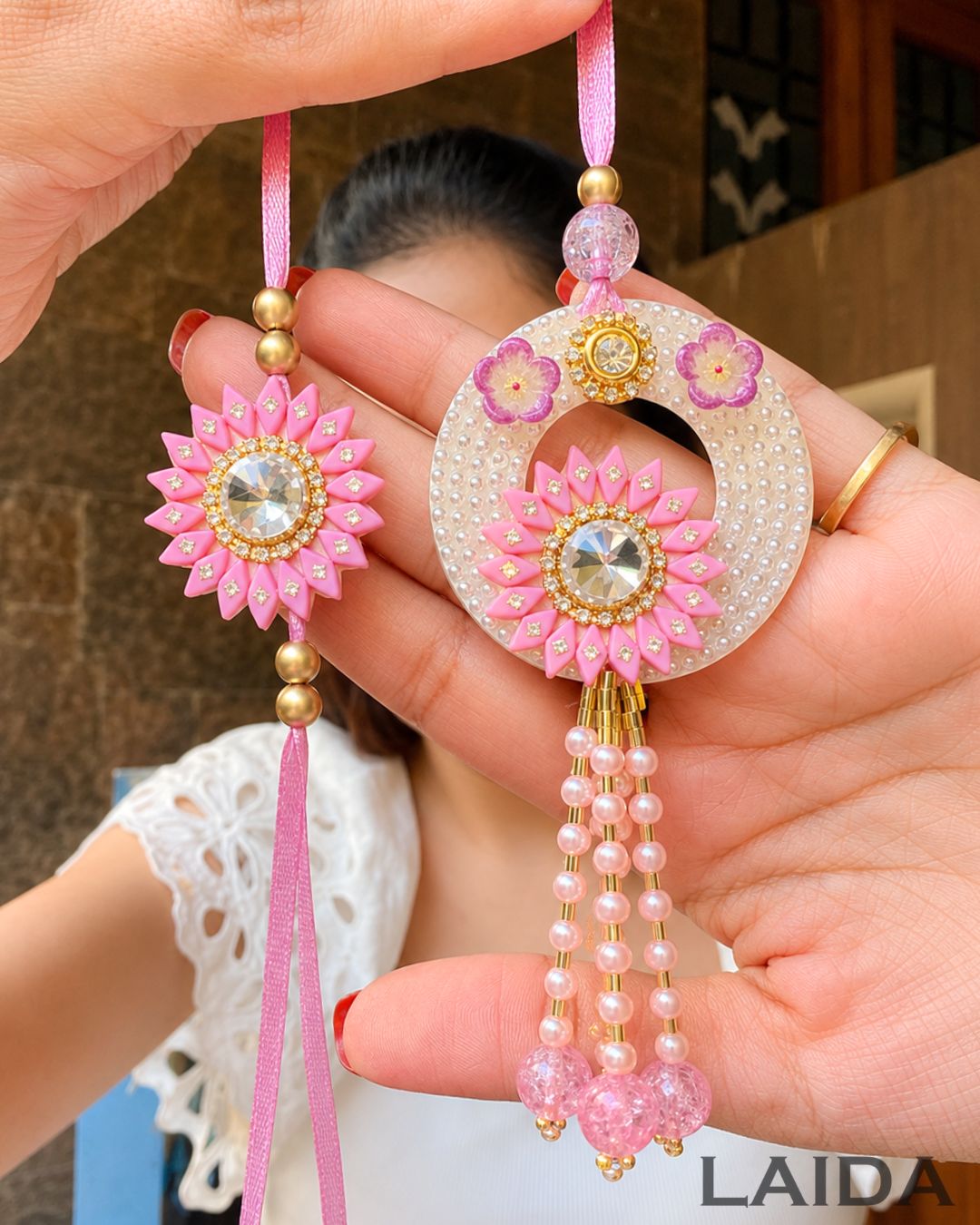 Handcrafted Pink Floral pearl Beaded Lumba Set - Rakhi